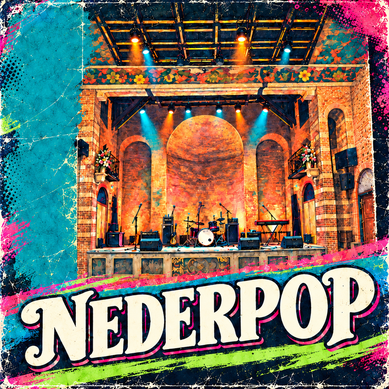 Vierkante Nederpop-platenhoes met het geïllustreerde podium van Duvelshof