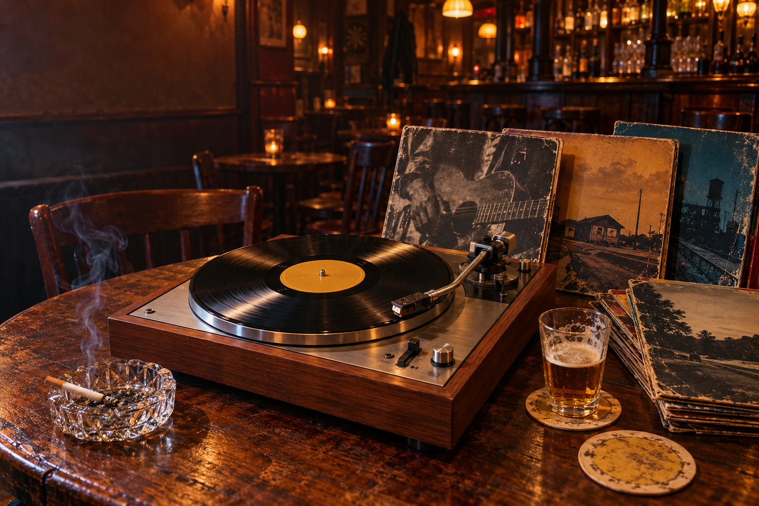 Een platenspeler, platen en een glas bier op een houten tafel in een warme kroeg